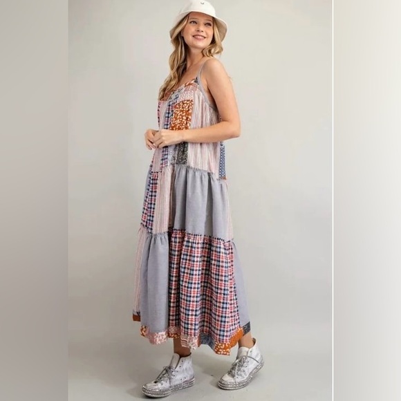 NWT Easel Boho Patchwork Maxi Dress Size M Linen Cotton Adjustable Festivals - Picture 15 of 15